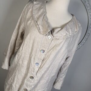 Match Point Beige Linen Blouse Sz S Ruffle 3/4 Sleeves Collar Button Front Loose